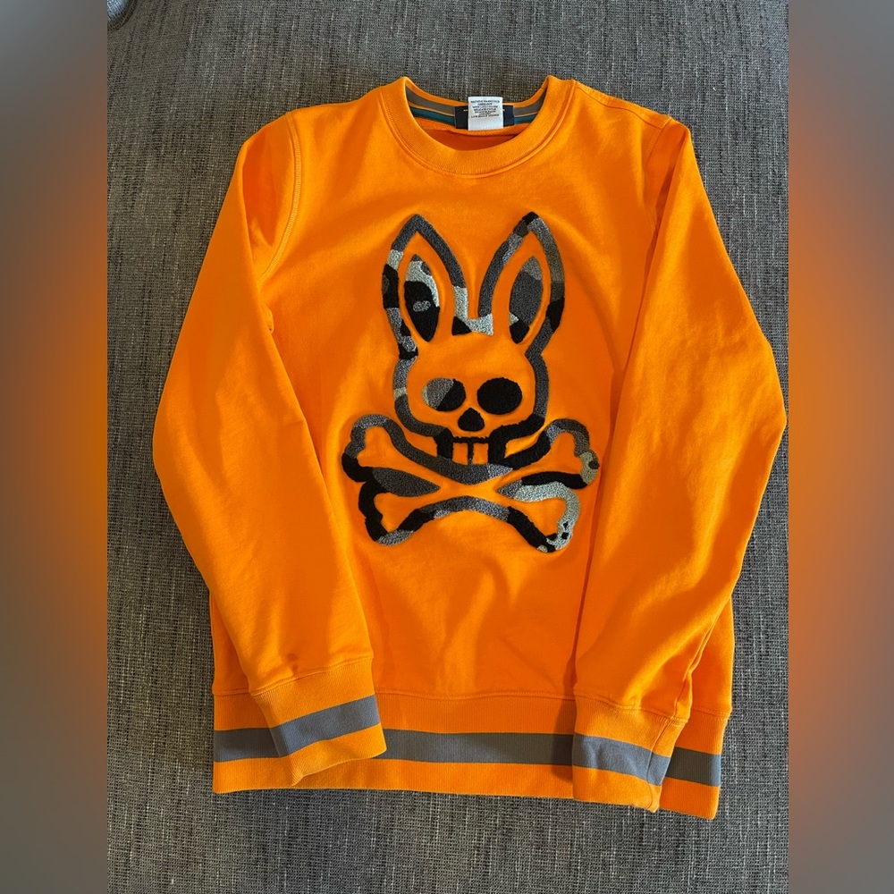 Orange Psycho Bunny Sweatshirt with camo big bunny.